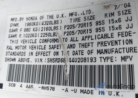 2004 Honda Cr-V Lx from USA, damaged, VIN SHSRD68444U208193